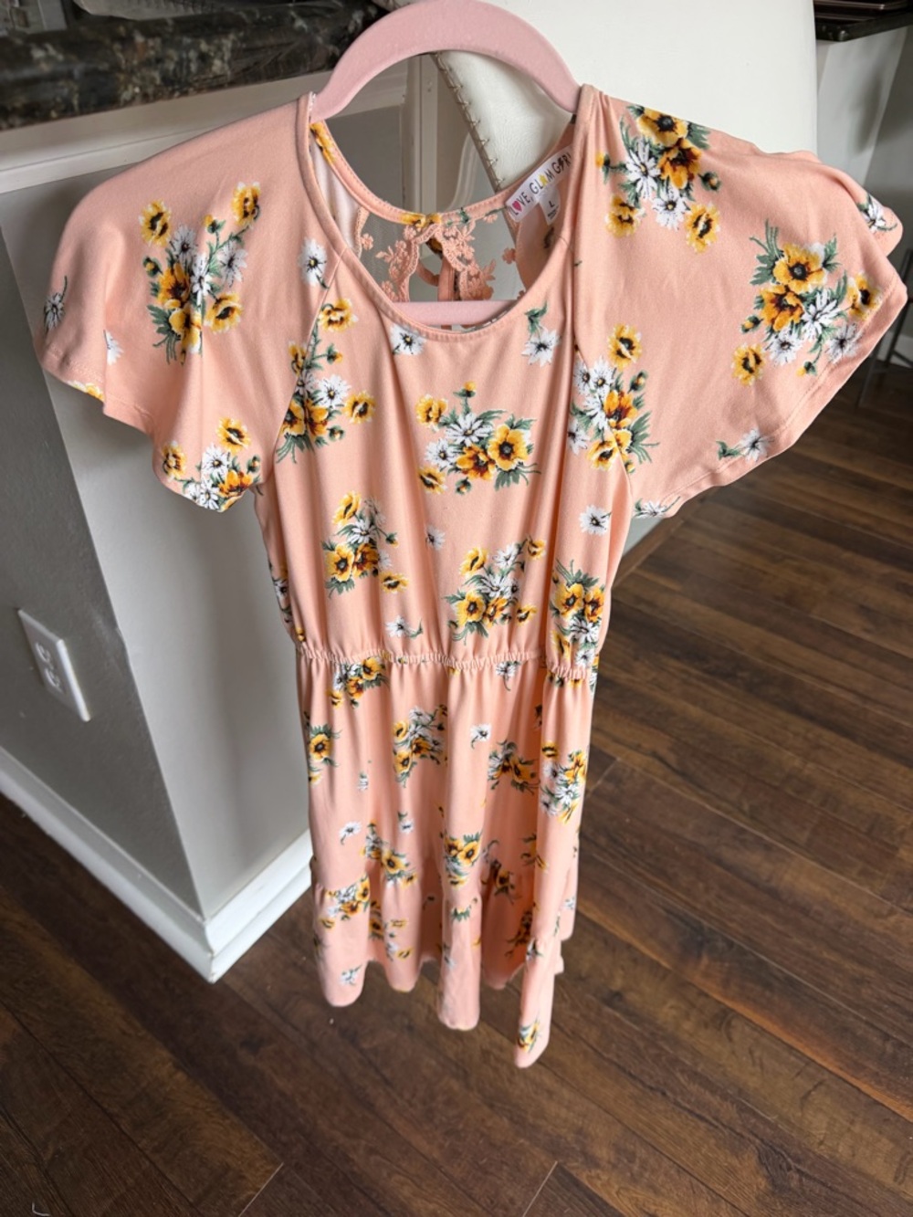 Girls' Peach Floral Casual Dress with Lace Back